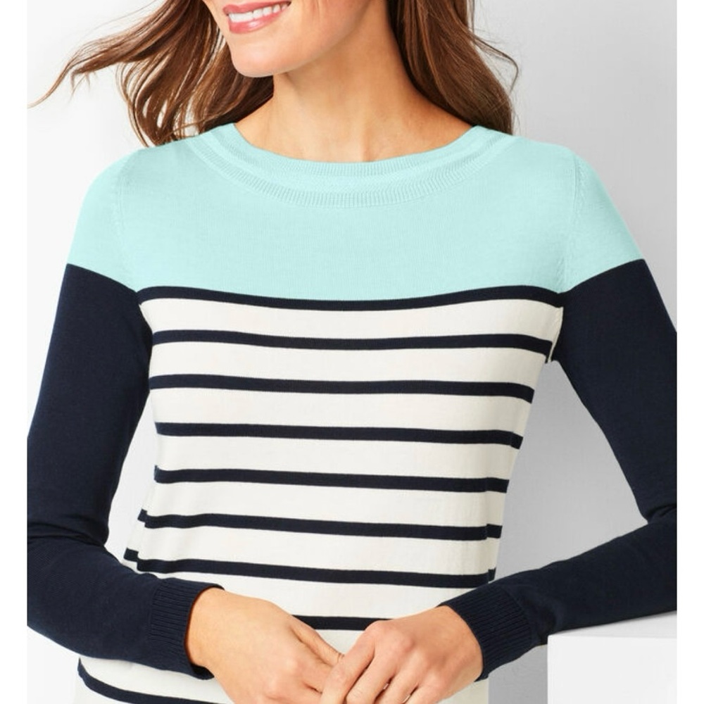 Talbots‎ Navy and White Striped Cotton Blend Crewneck Sweater Size Medium